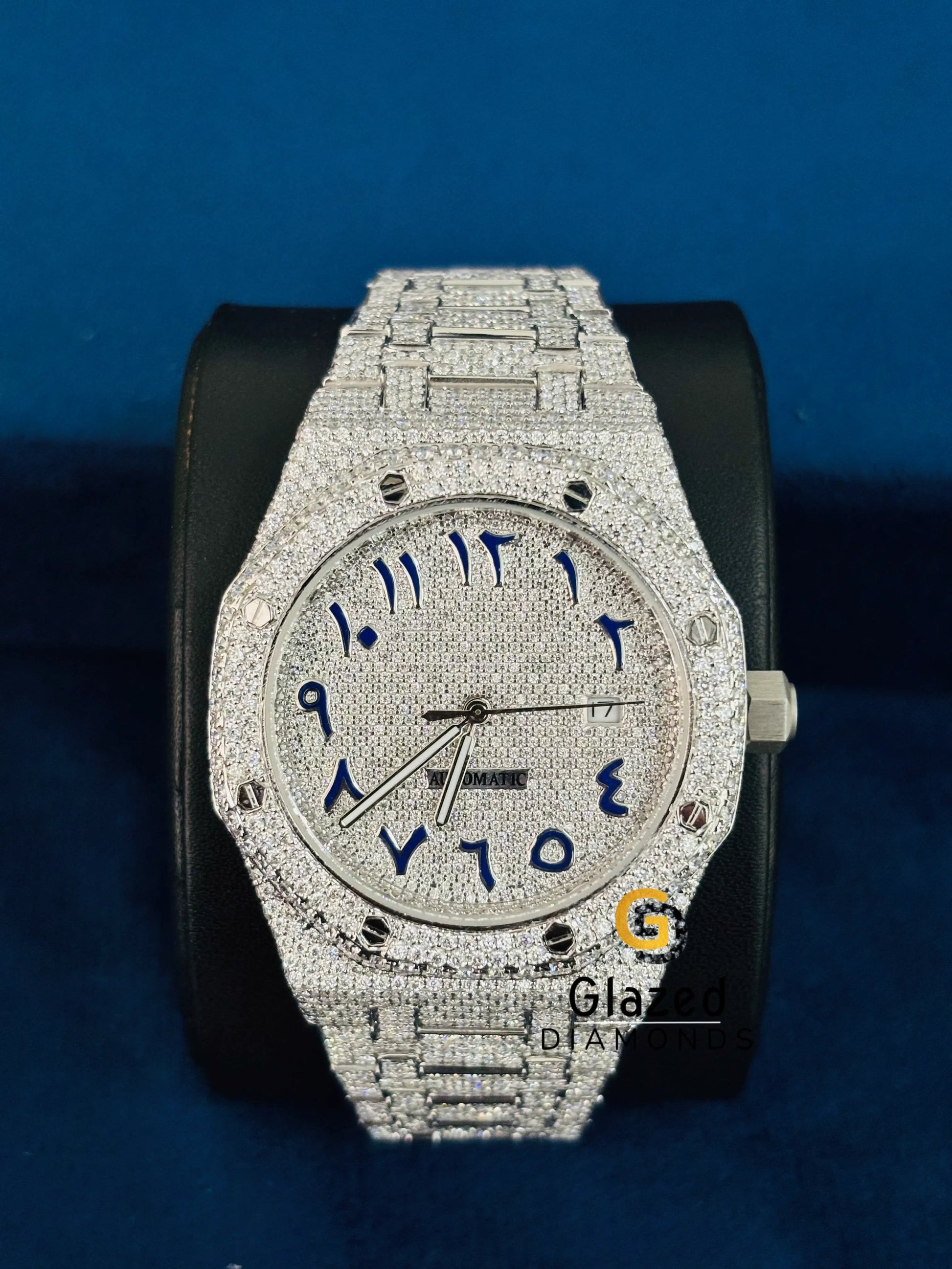 Blue Arabic Number Moissanite Iced Out Watch For Men