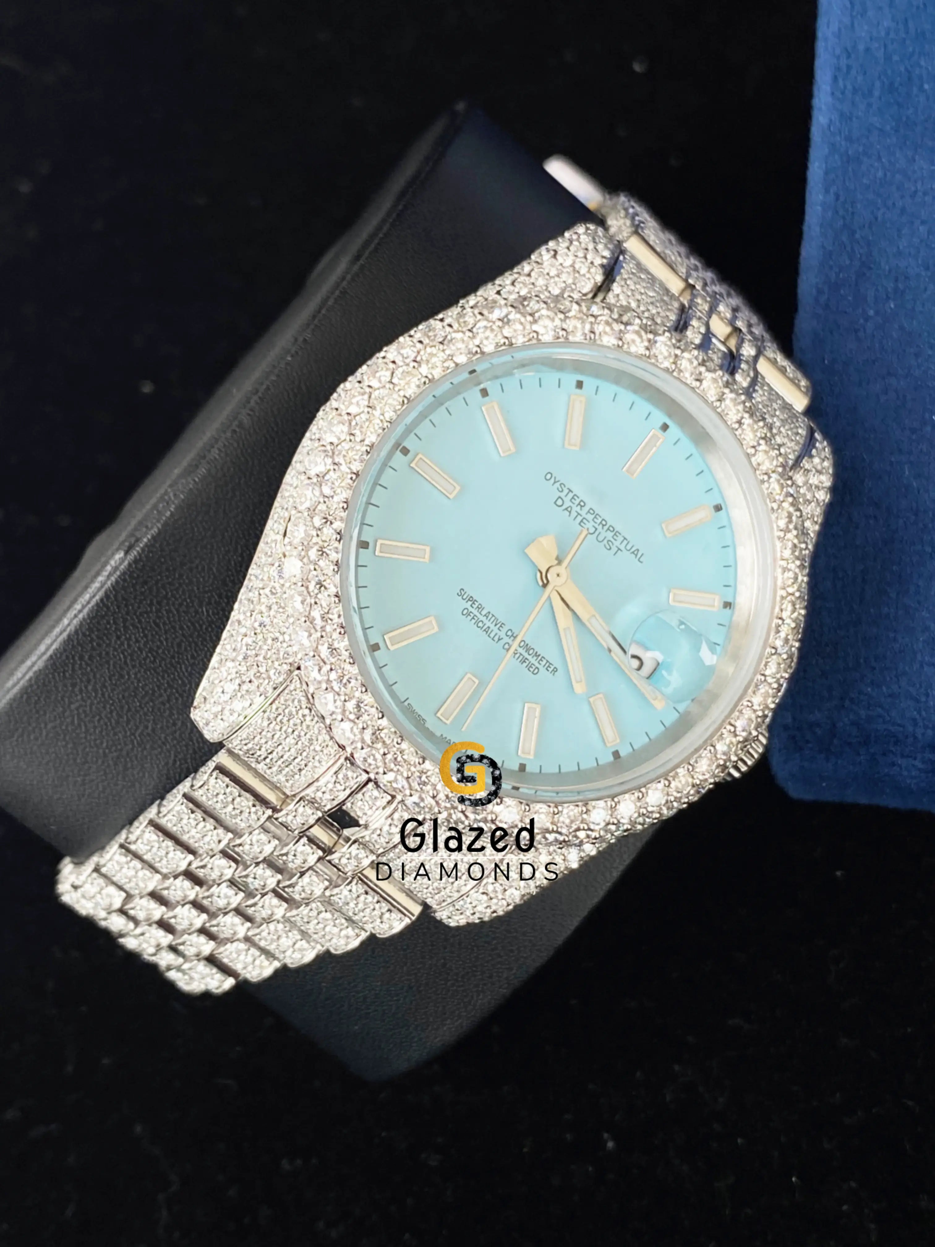 Blue Bezel VVS Moissanite Bust Down Watch Stainless Steel