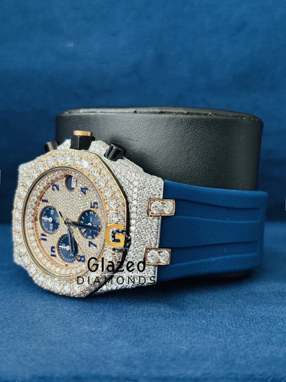 Blue Chronograph Yellow Gold Moissanite Watch