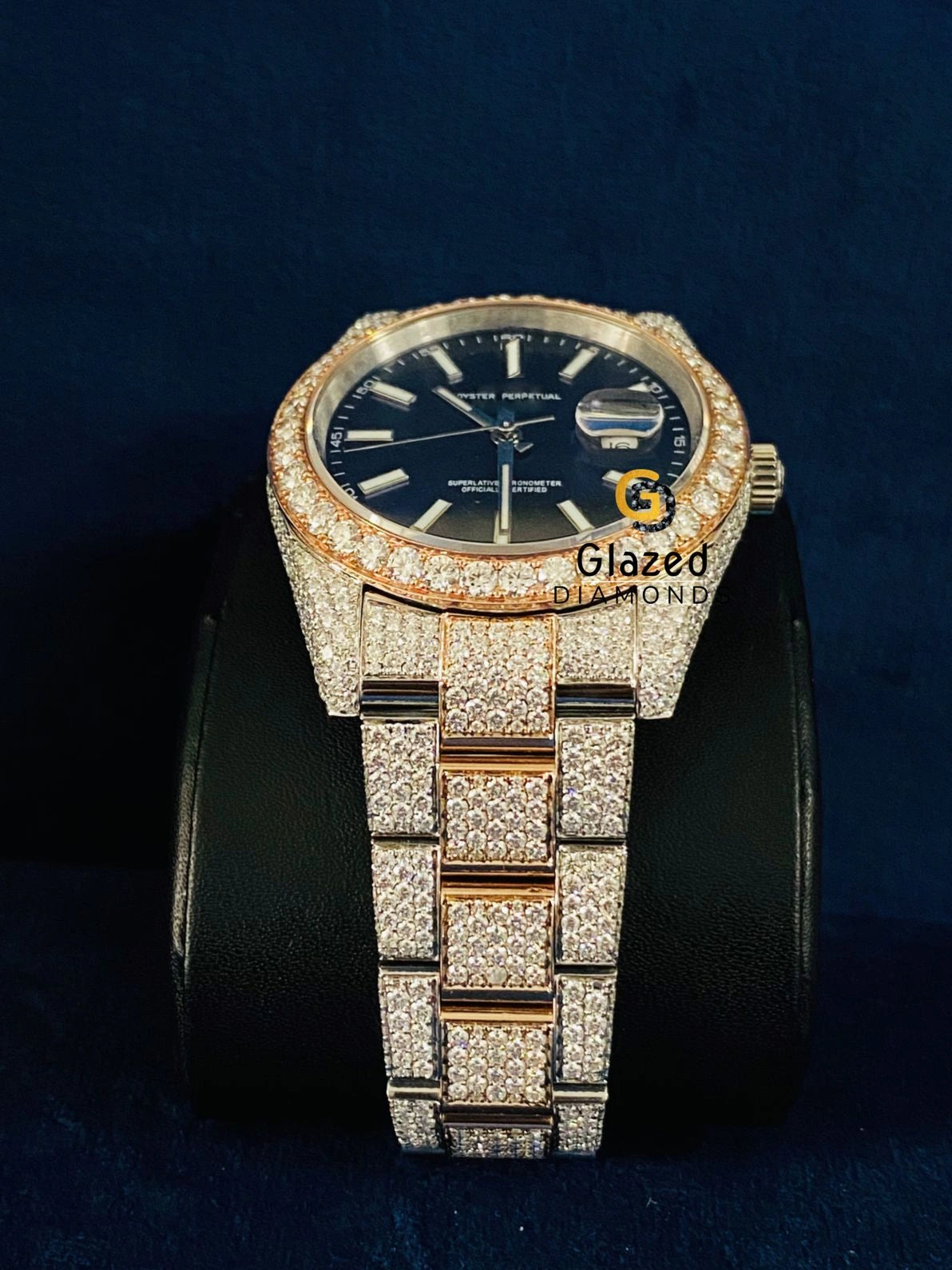 Blue Dial Fully Iced Out Two Tone VVs Moissanite Watch