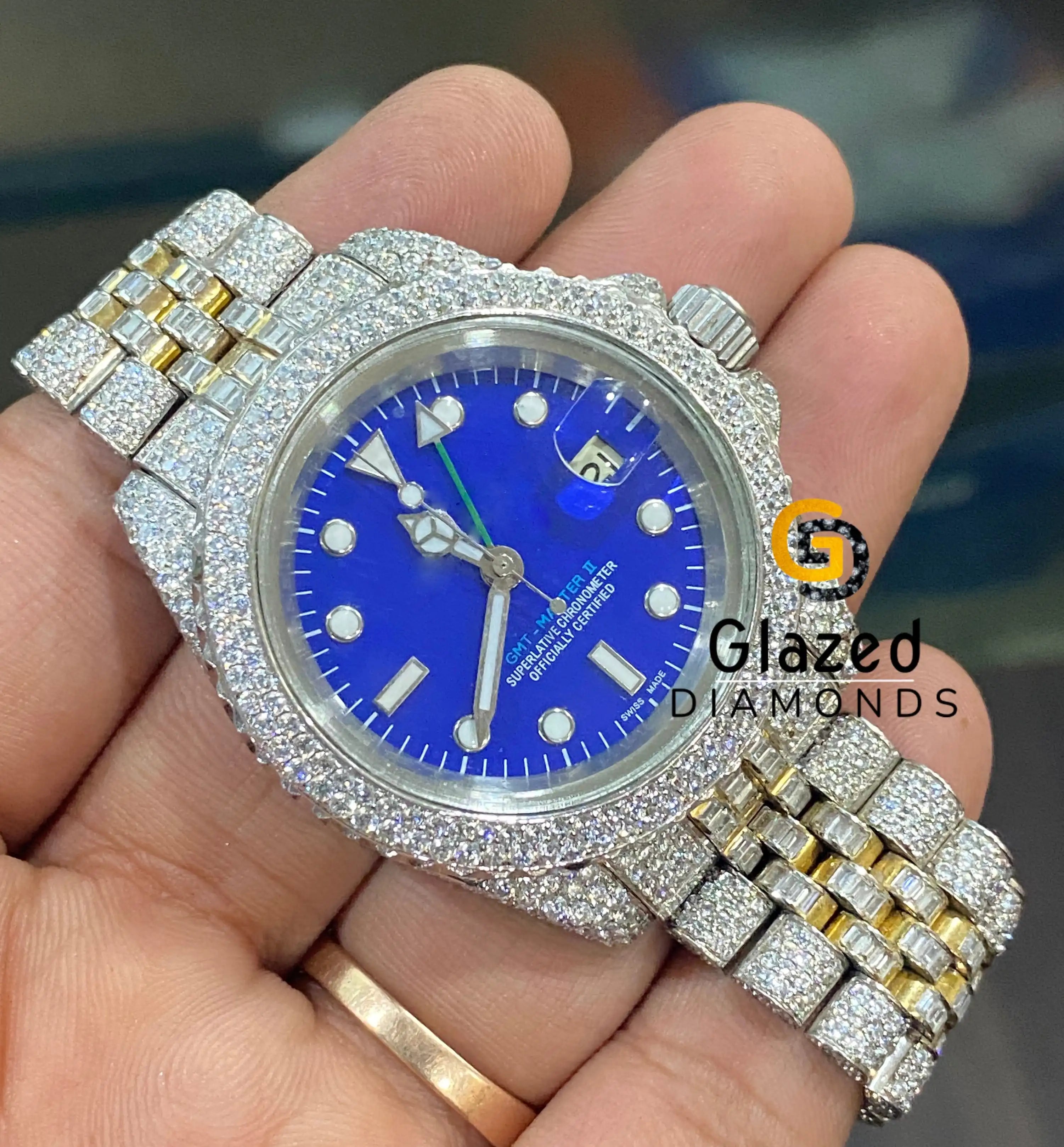 Blue Dial Hip Hop Moissanite Watch