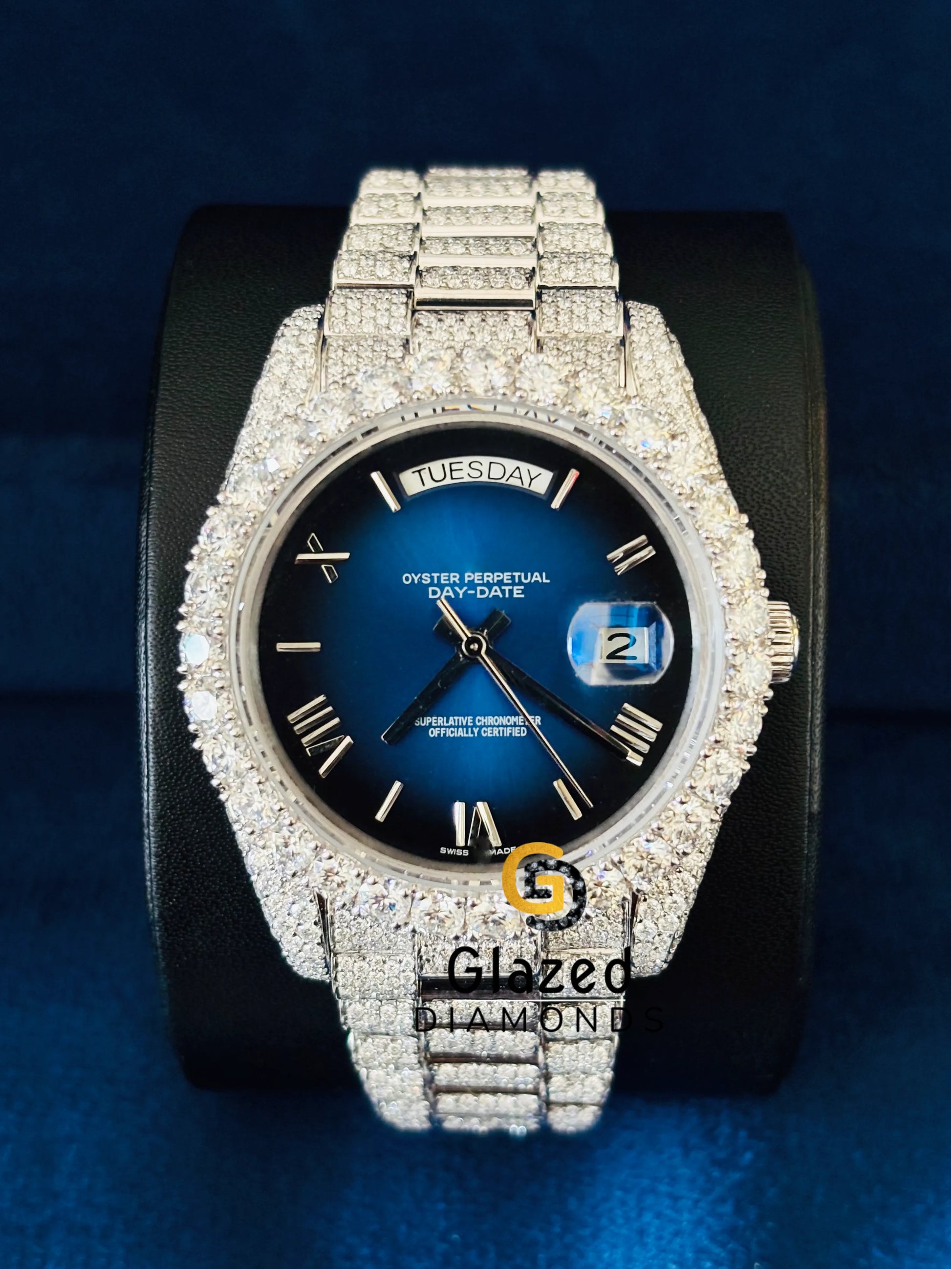 Blue Dial Moissanite Roman Number Iced Out Watch