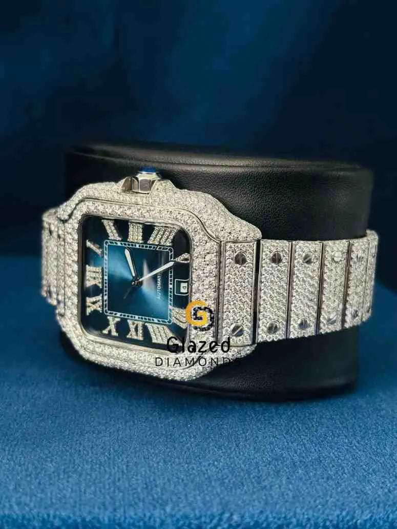 Blue Dial Roman Number Diamond Studded Watch