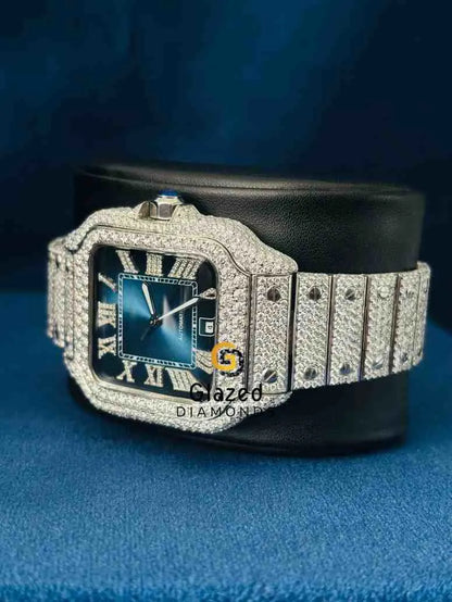 Blue Dial Roman Number Diamond Studded Watch