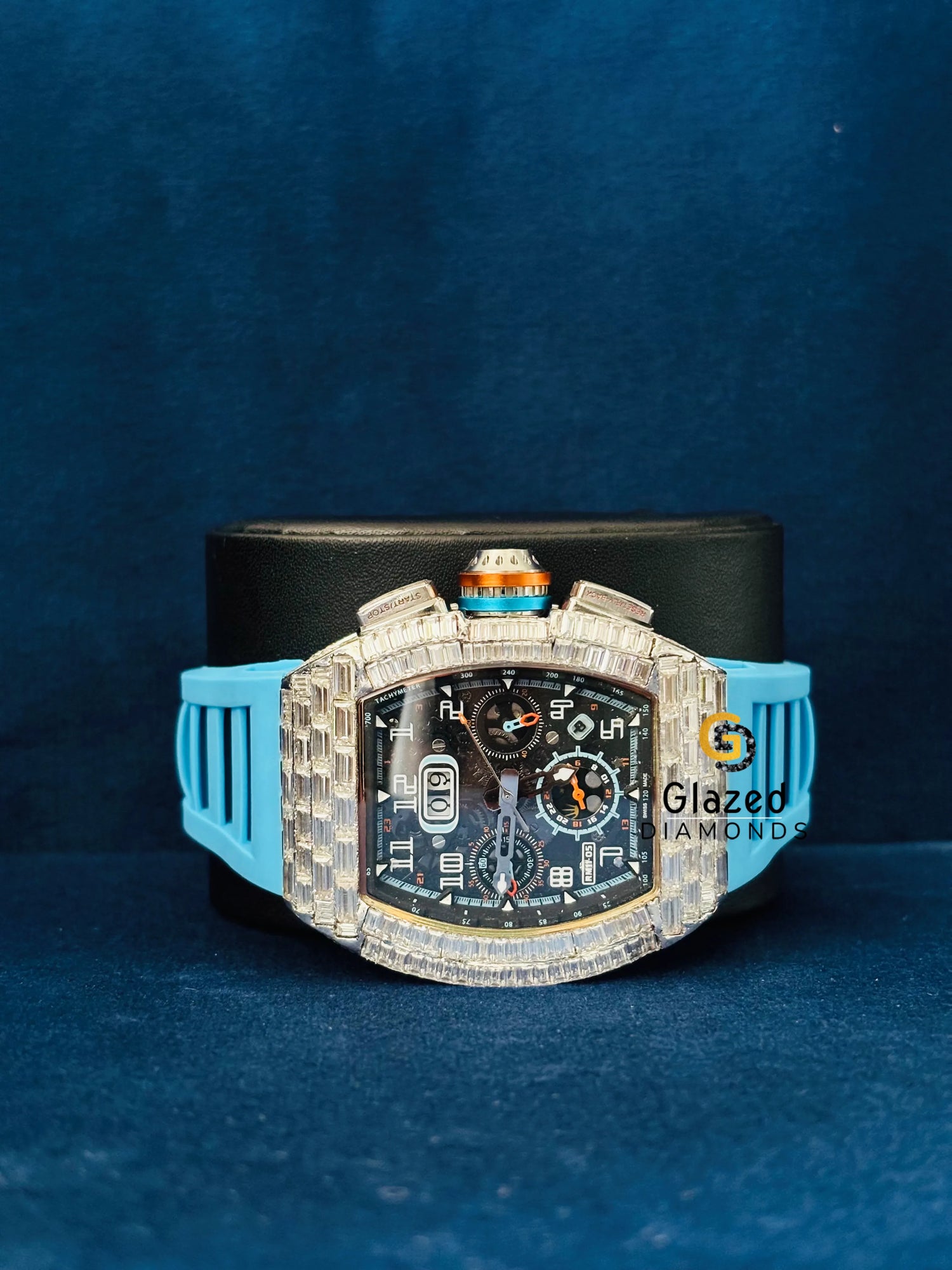 Blue Silicon Strap Moissanite Iced Out Watch
