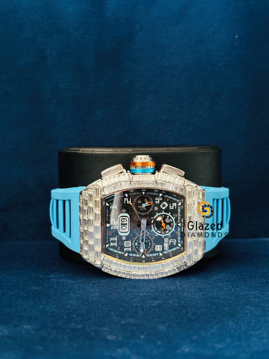 Blue Silicon Strap Moissanite Iced Out Watch