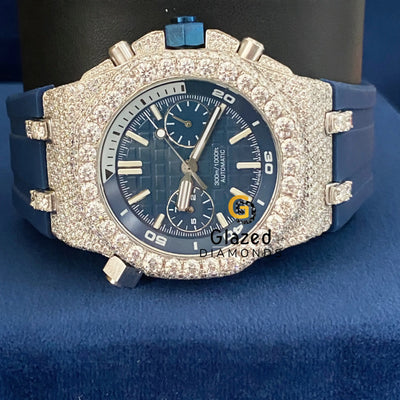 Blue Silicone Strap Chronograph Face Dial Moissanite Watch