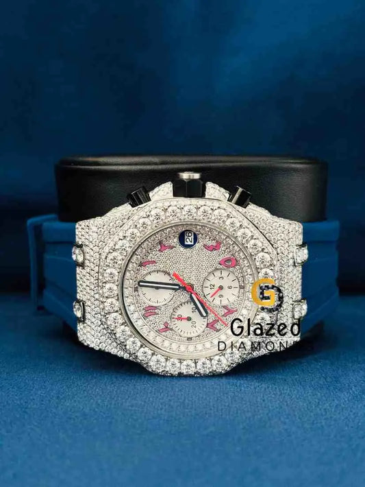 Blue Silicone Strap Pink Arabic Multi Face Dial AP Moissanite Watch