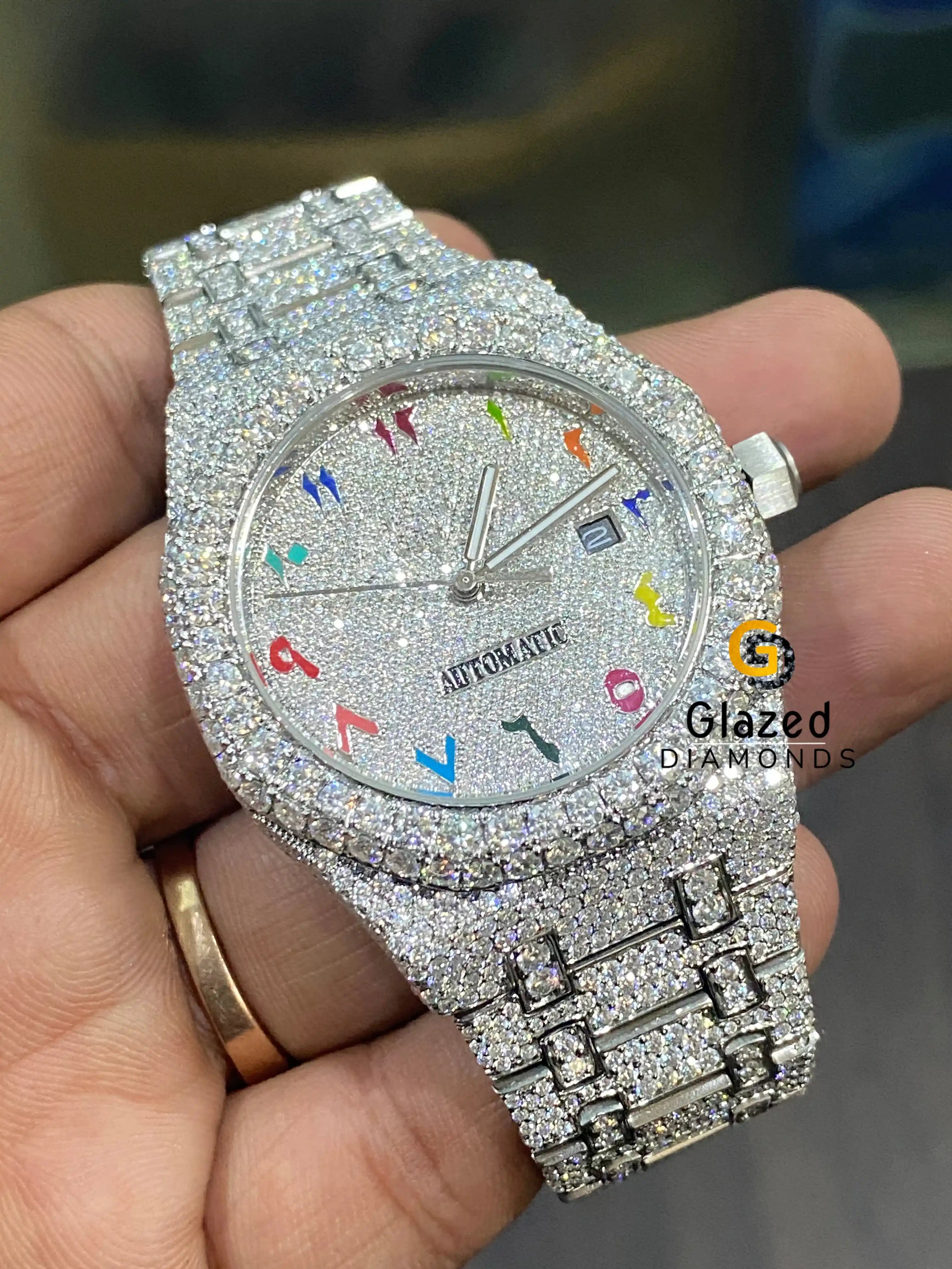 41mm Colorful Arabic Numeral Rainbow Dial Iced out Moissanite Watch