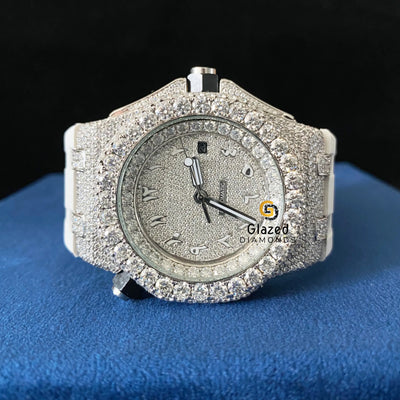 Bust Down Silicone White Strap VVS Moissanite Watch Arabic Face Dial