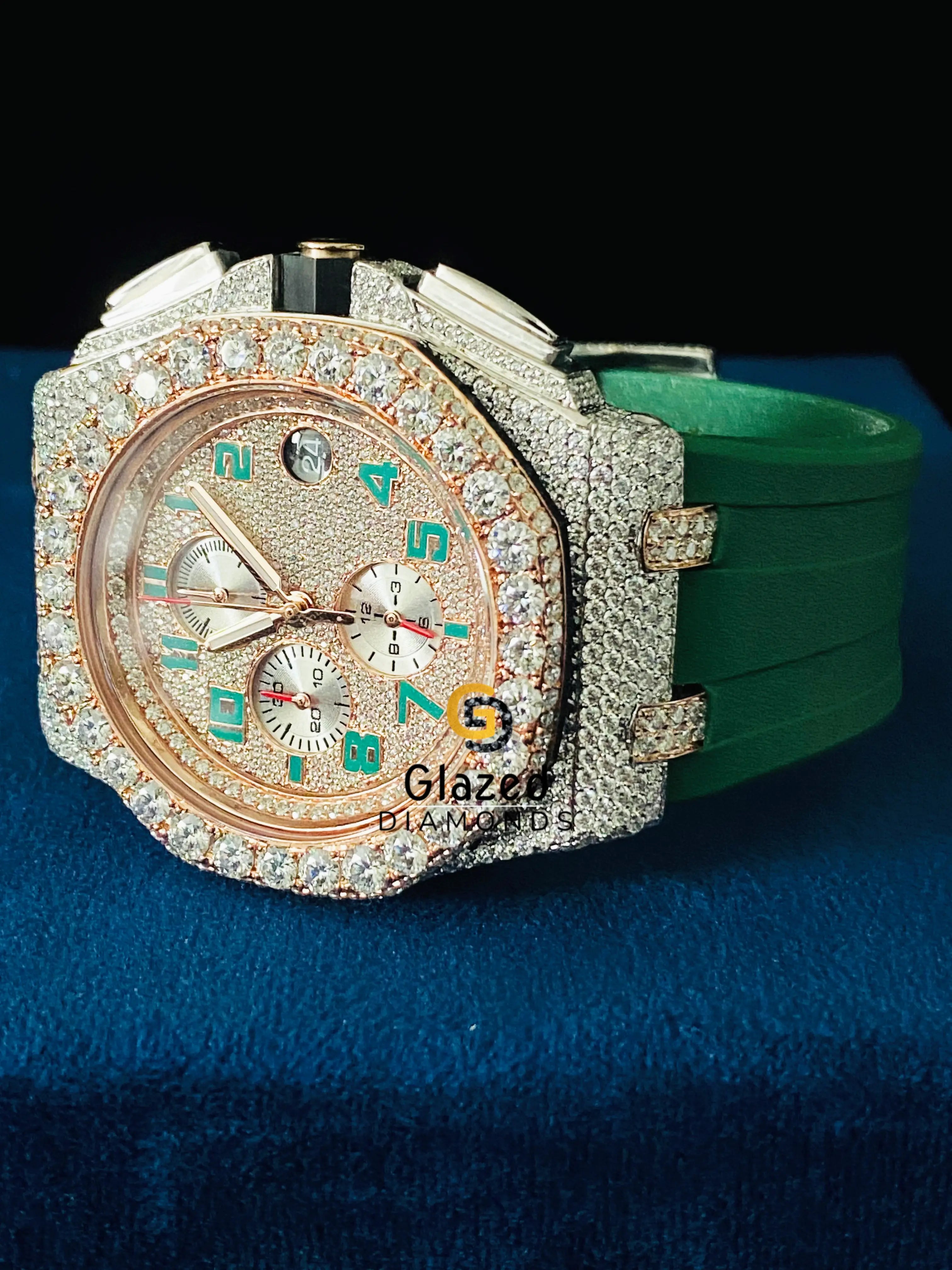 Arabic Face Dial Bust Down Green Silicone Strap VVs Moissanite Watch