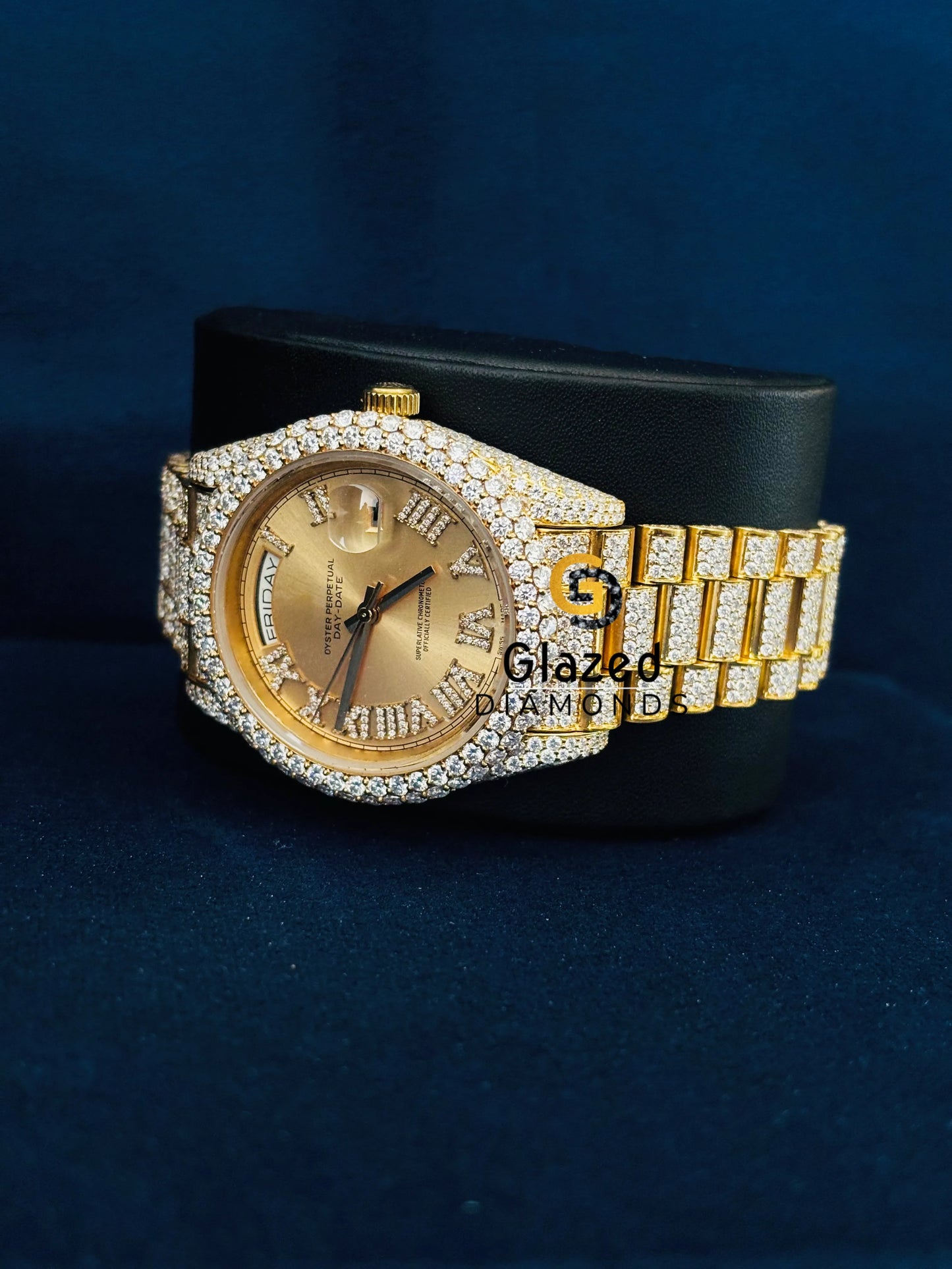 Yellow Dial Studded Roman Number Moissanite Watch