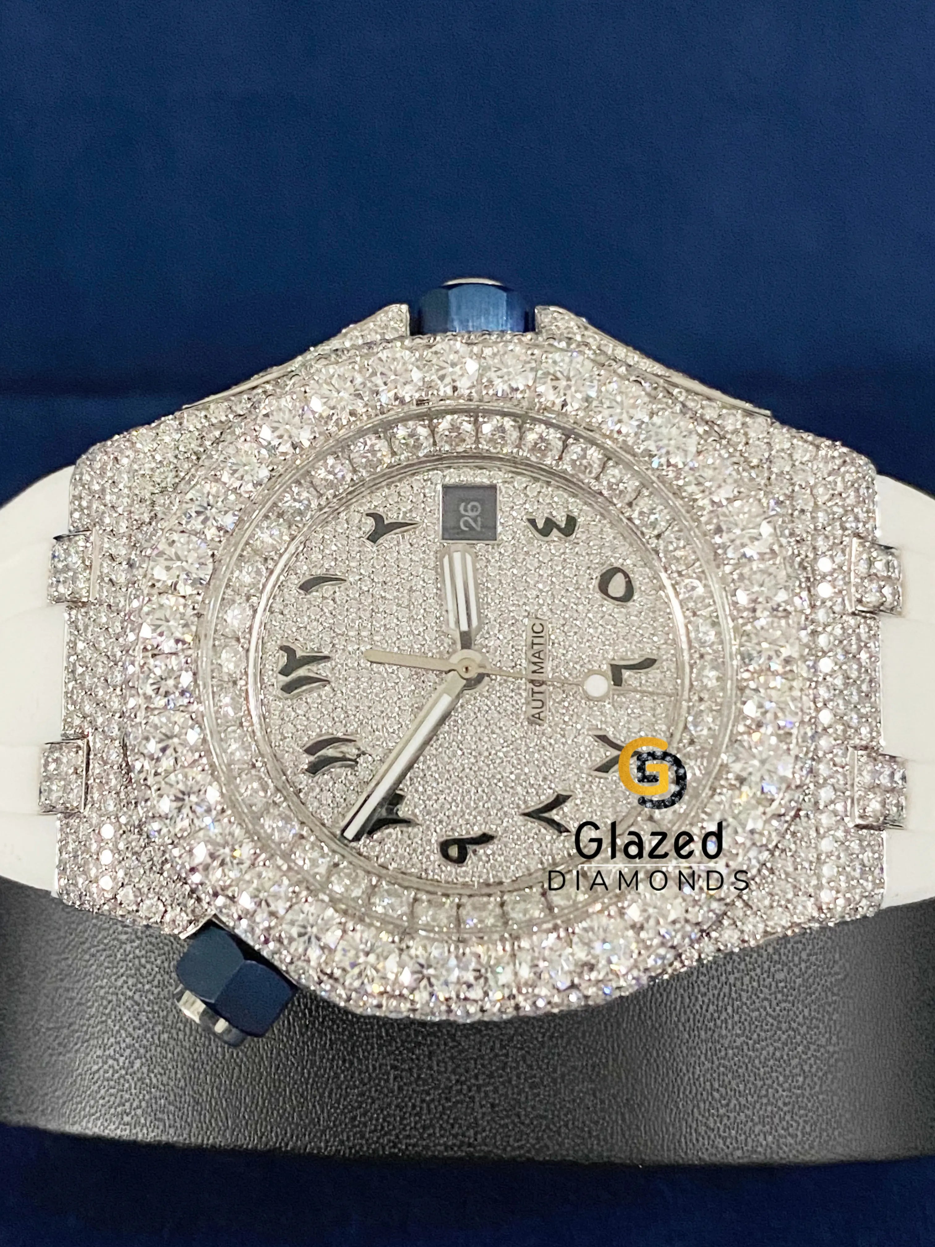Bust Down Arabic Dial Silicone White Strap Moissanite Watch