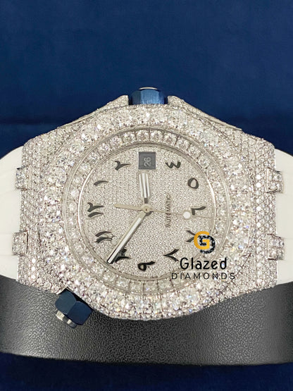 Bust Down Arabic Dial Silicone White Strap Moissanite Watch