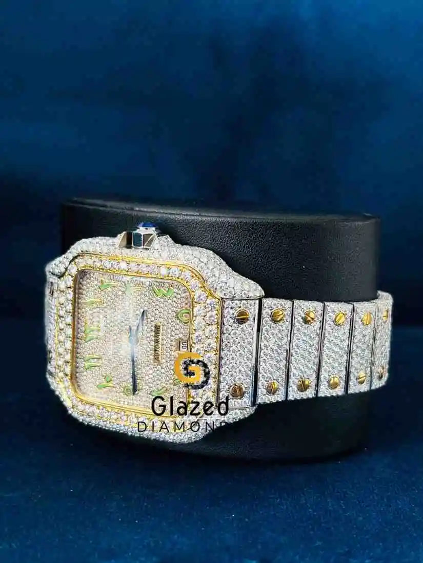 Bust Down Arabic Number Dial Diamond Studded Moissanite Watch 