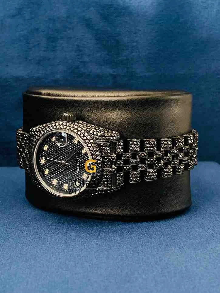 Bust Down Black Dial Moissanite Hip Hop Watch For Women