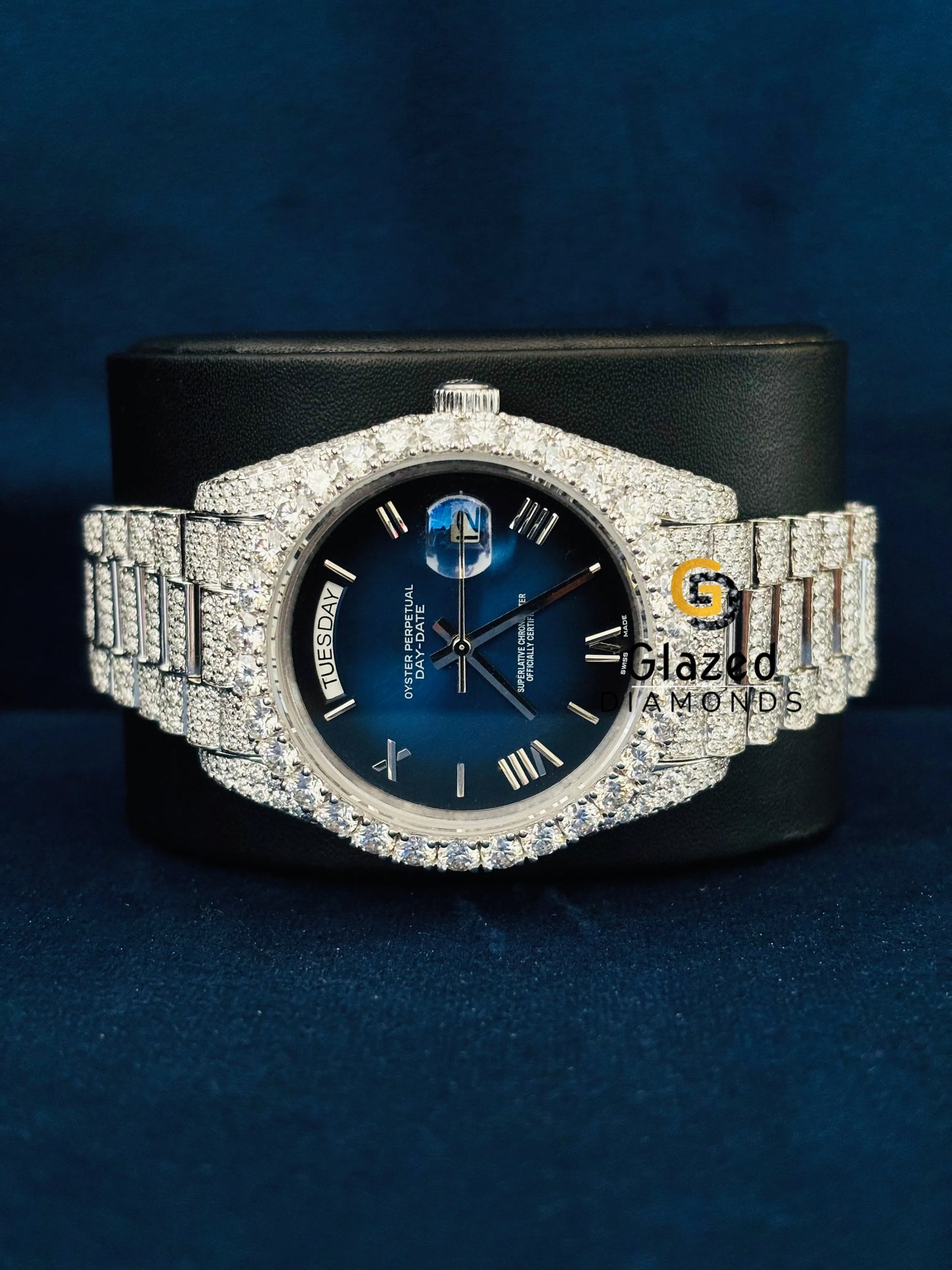 Bust Down Moissanite Blue Dial Day Date Watch