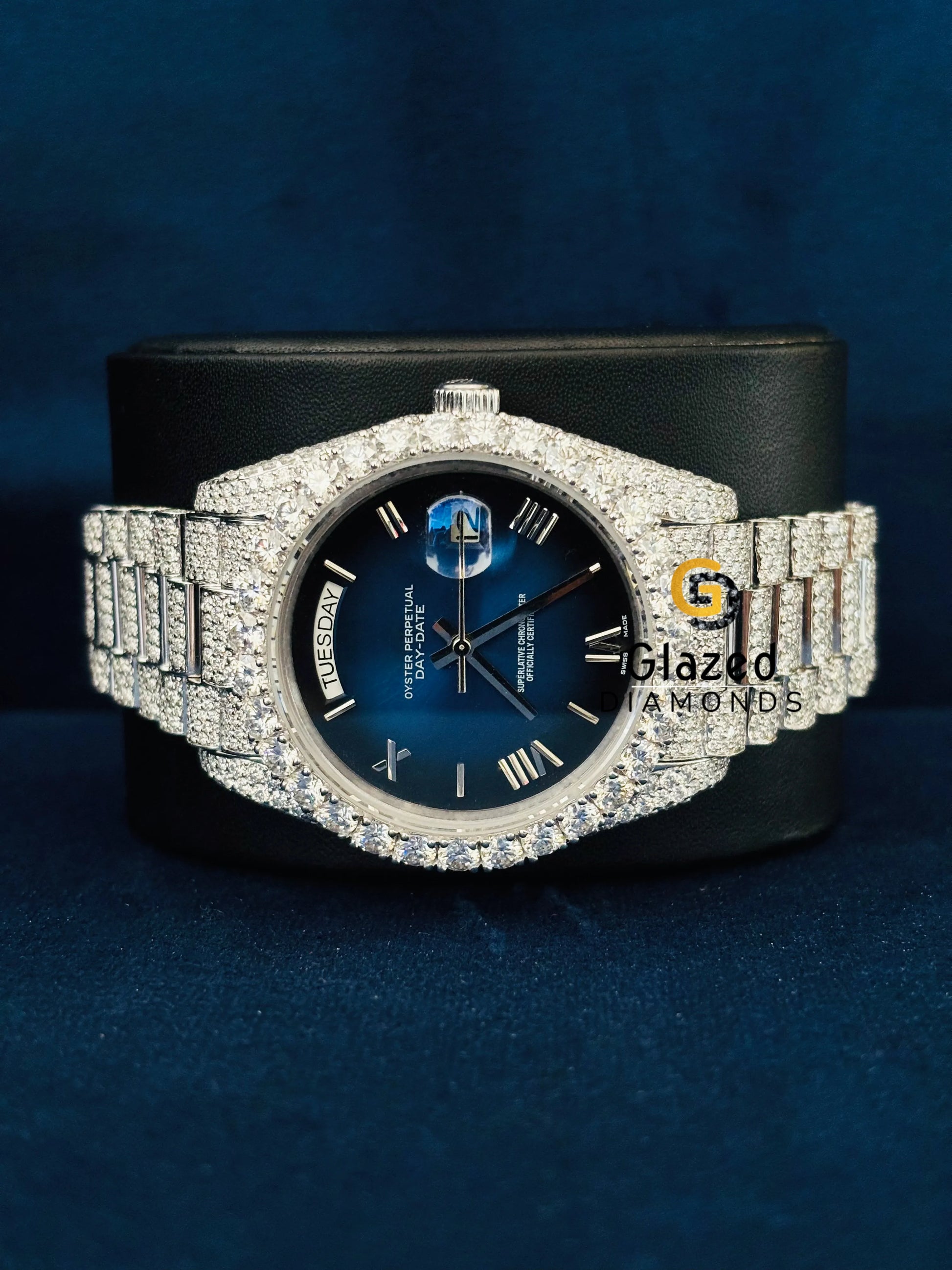 Bust Down Moissanite Blue Dial Day Date Watch