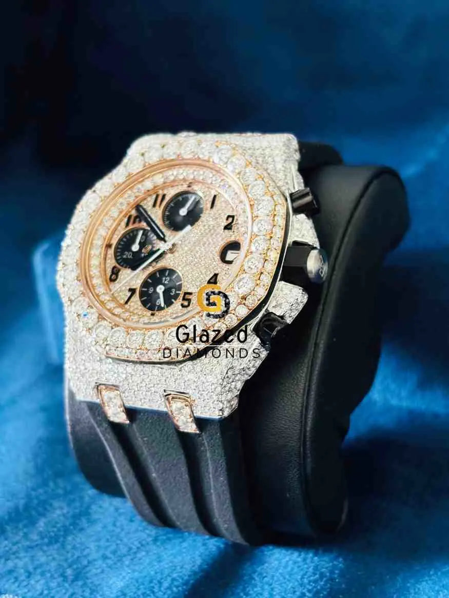 Bust Down Multi Face Dial Black Silicone Strap Moissanite Watch 