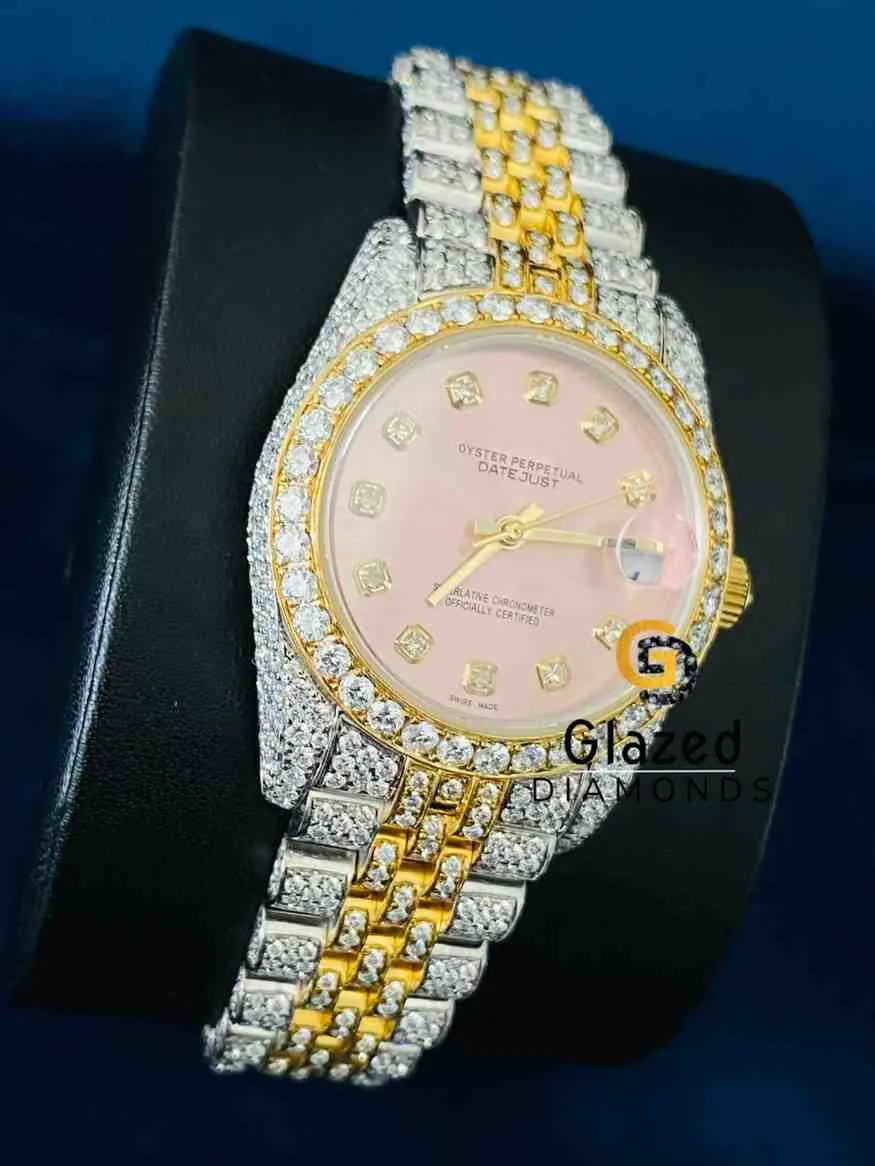 Bust Down Pink Dial Jubilee Strap Moissanite Watch