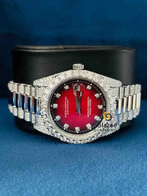 Bust Down Red Dial Bezel Bar Diamond Studded Moissanite Watch
