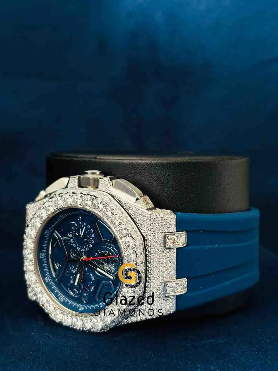 Bust Down Round VVS Moissanite Silicon Strap Wrist Watch