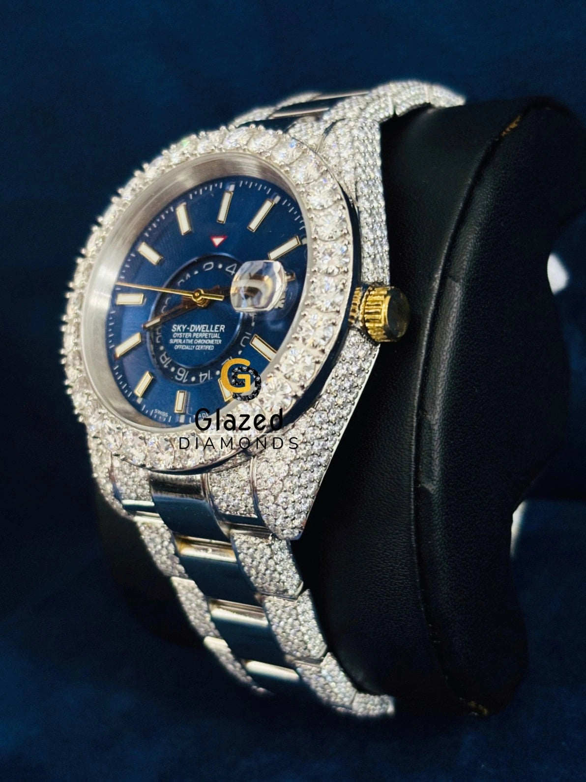 Bust Down Sky Dweller Blue Stick Dial Moissanite Watch