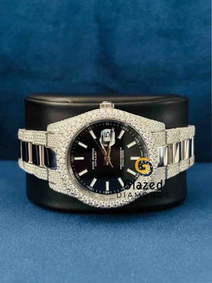 Bust Down VVS Moissanite Black Dial Stainless Steel Wrist Watch