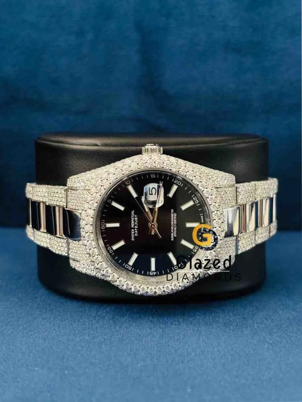 Bust Down VVS Moissanite Black Dial Stainless Steel Wrist Watch