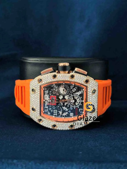 Buts Down Orange Silicon Rubber Strap Wrist Moissanite Watch
