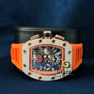 Buts Down Orange Silicon Rubber Strap Wrist Moissanite Watch