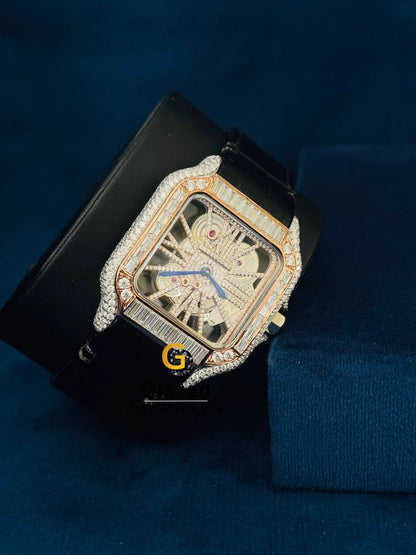 Cartier Black Lather Strap Moissanite Watchs