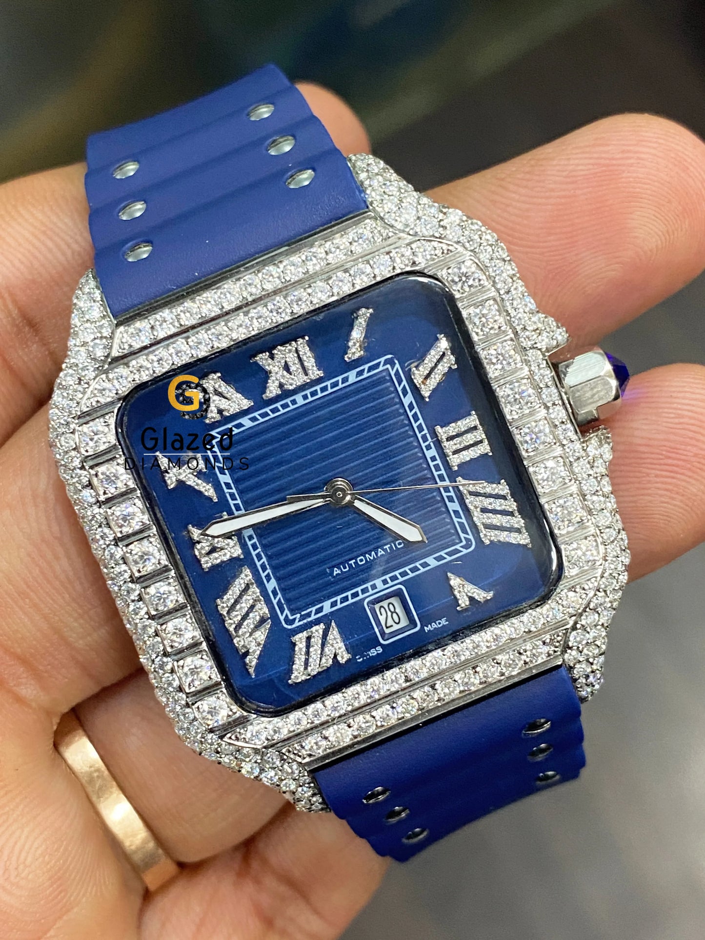 Cartier Blue Dial Moissanite Watch