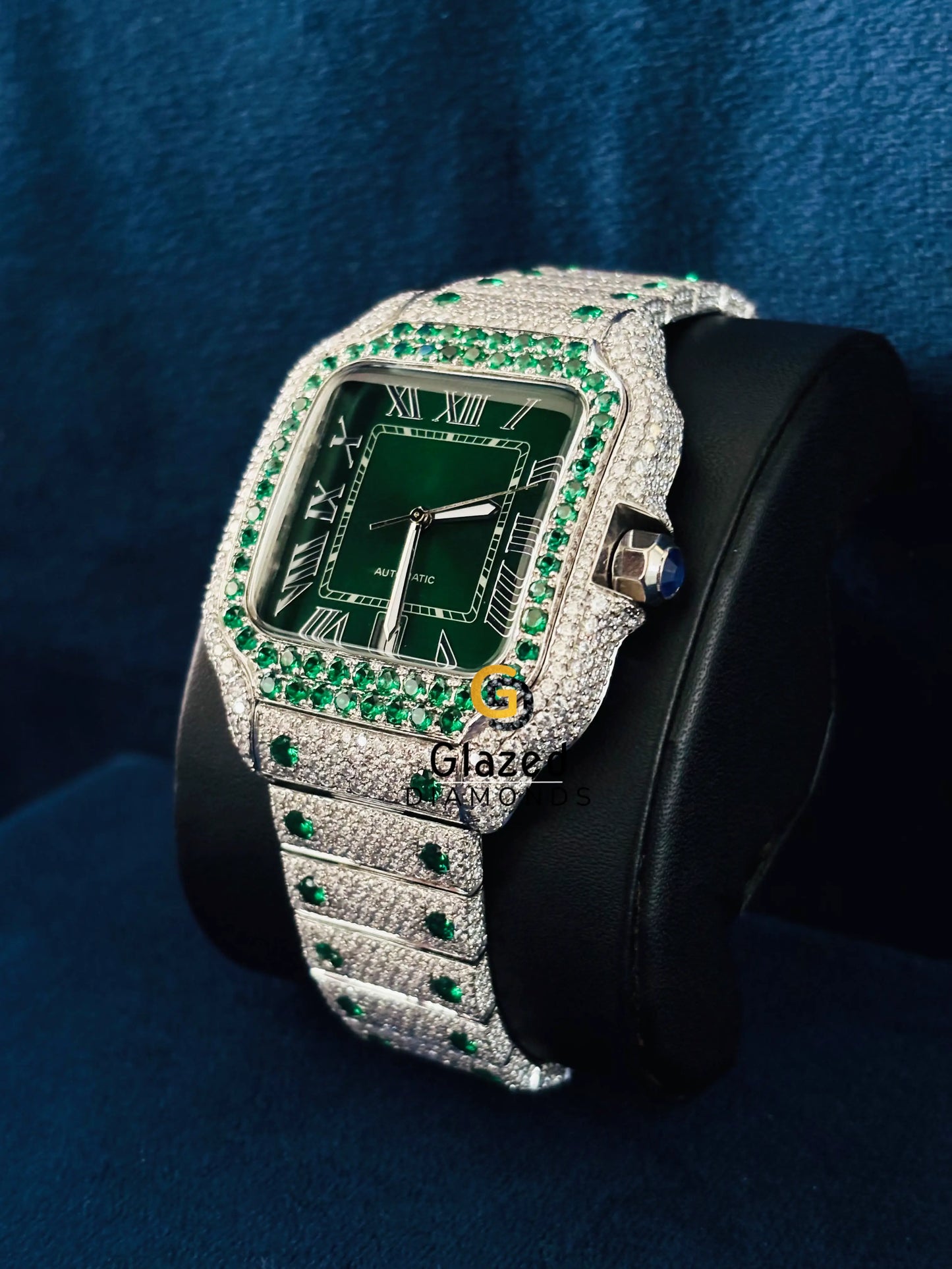 Cartier Hip Hop Green Diamond Moissanite Roman Number Watch For Men