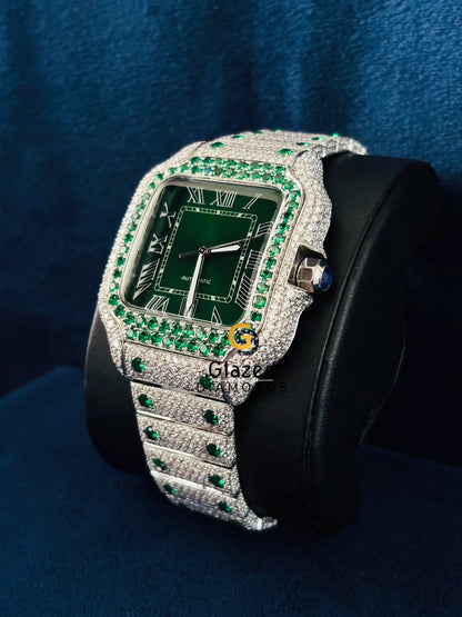 Cartier Hip Hop Green Diamond Moissanite Roman Number Watch For Men