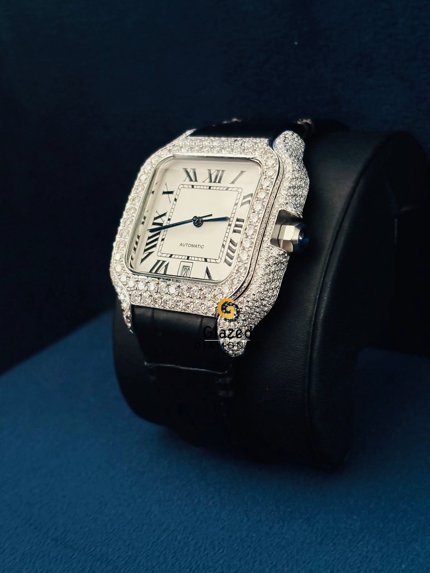 Cartier Lather Strap Moissanite Iced Out Watch