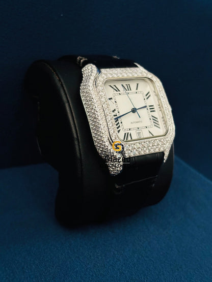 Cartier Lather Strap Moissanite Iced Out Watch For Men