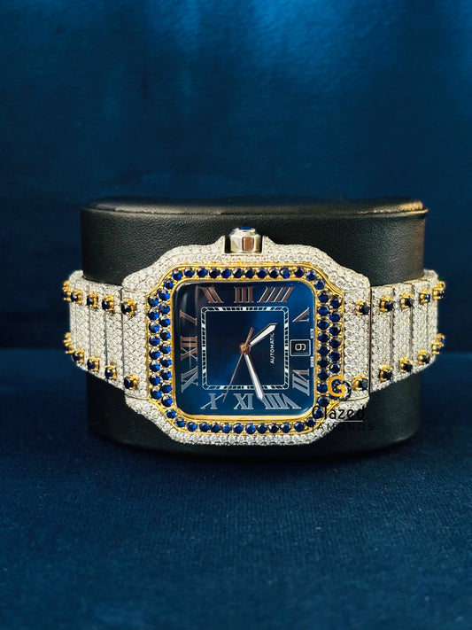 Cartier Moissanite Blue Dial Iced Out Hip Hop Watch