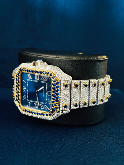 Cartier Moissanite Blue Dial Iced Out Hip Hop Watch For Men