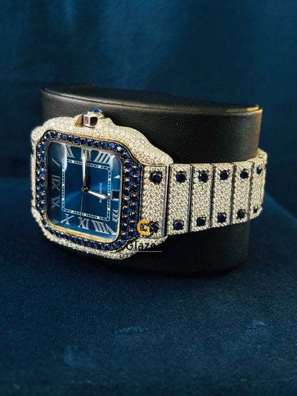 Cartier Moissanite Blue Dial Iced Out Roman Number Watch