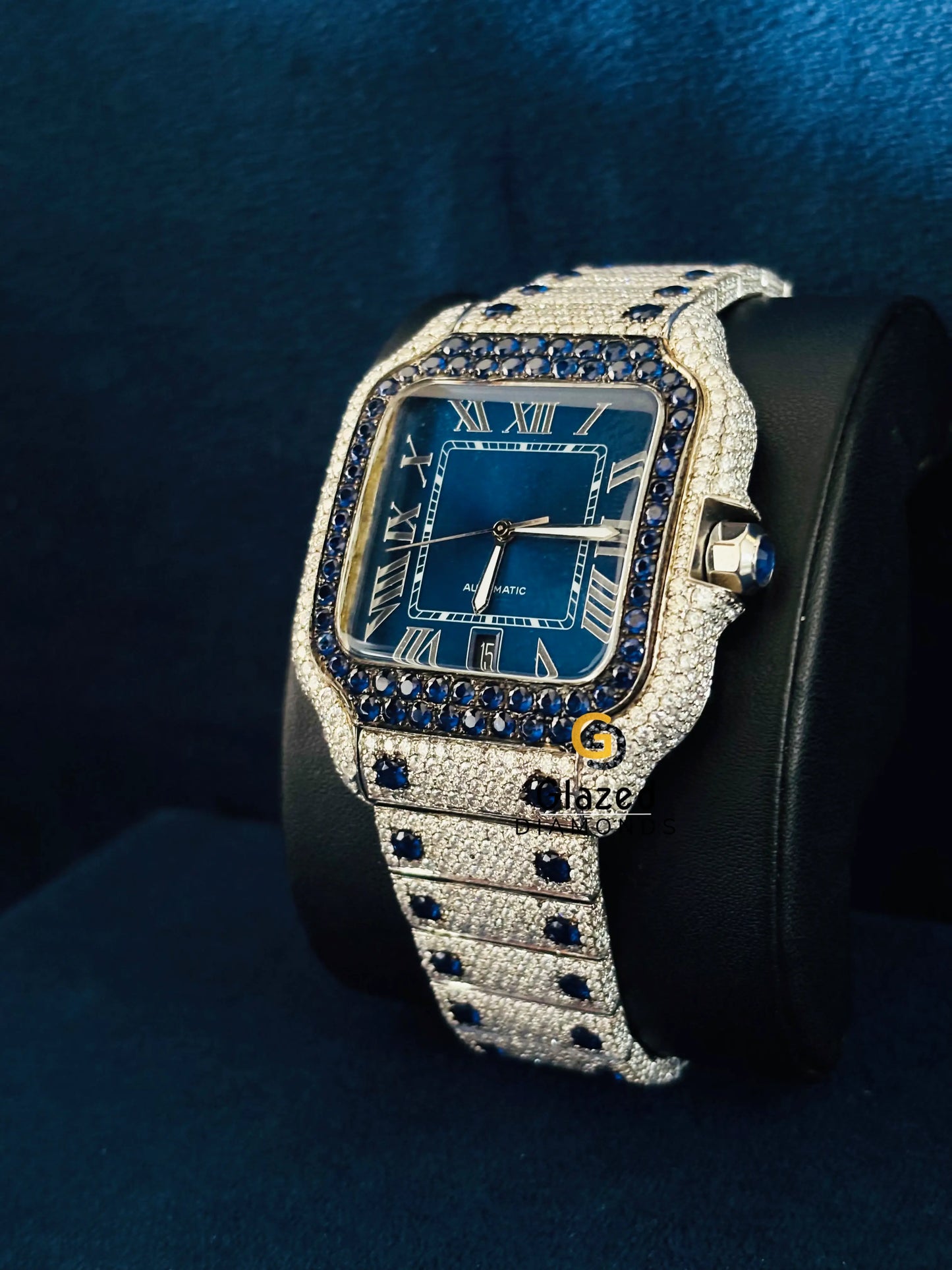 Cartier Moissanite Blue Dial Iced Out Roman Number Watch For Men