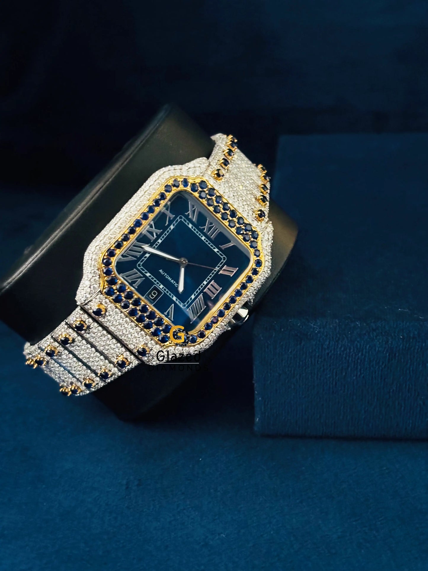 Cartier Moissanite Blue Dial Iced Out Watch