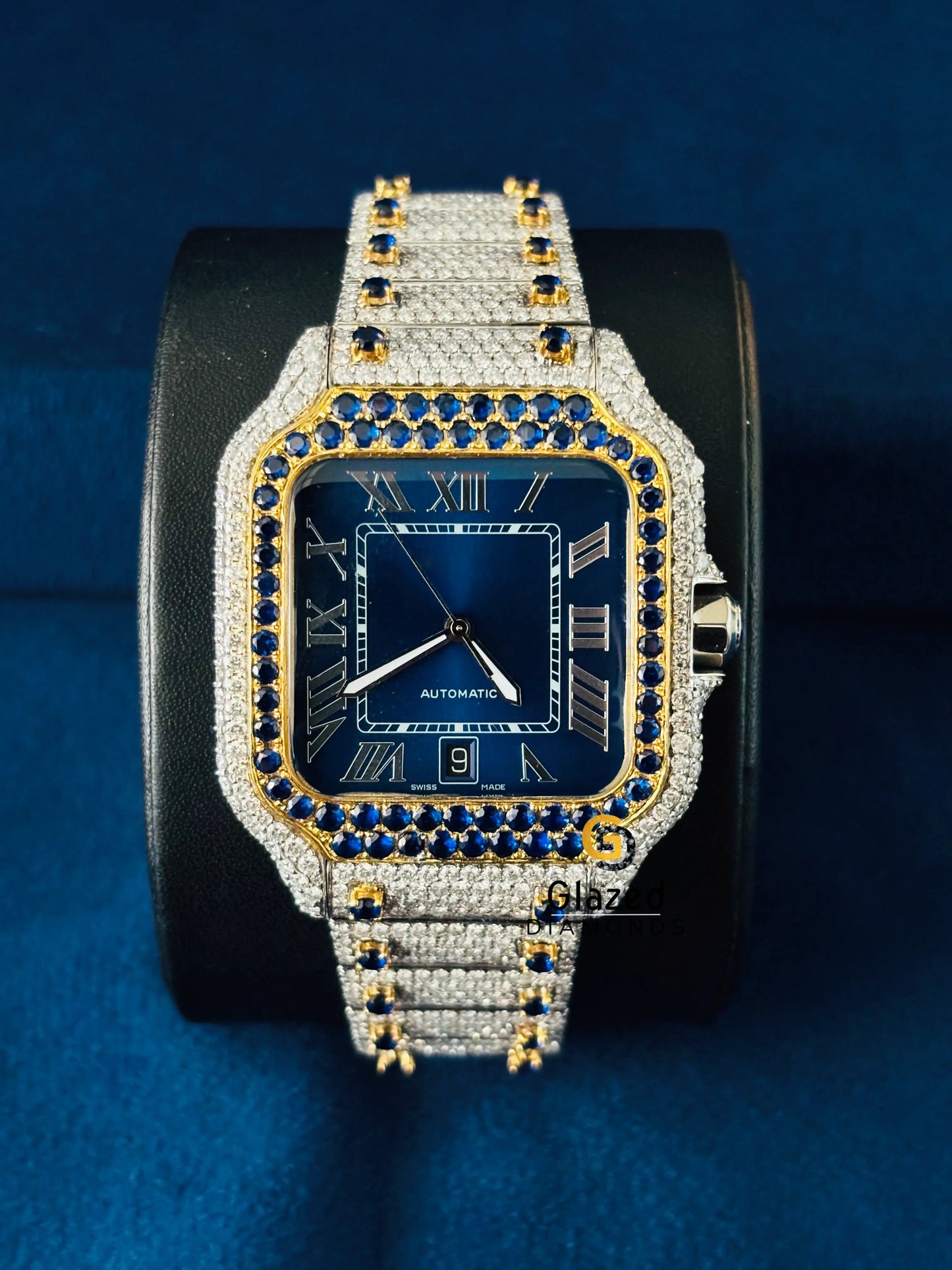 Cartier Moissanite Blue Dial Iced Out Watch for Men