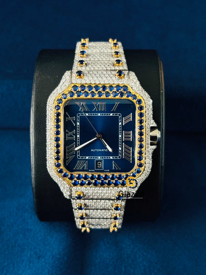 Cartier Moissanite Blue Dial Iced Out Watch for Men