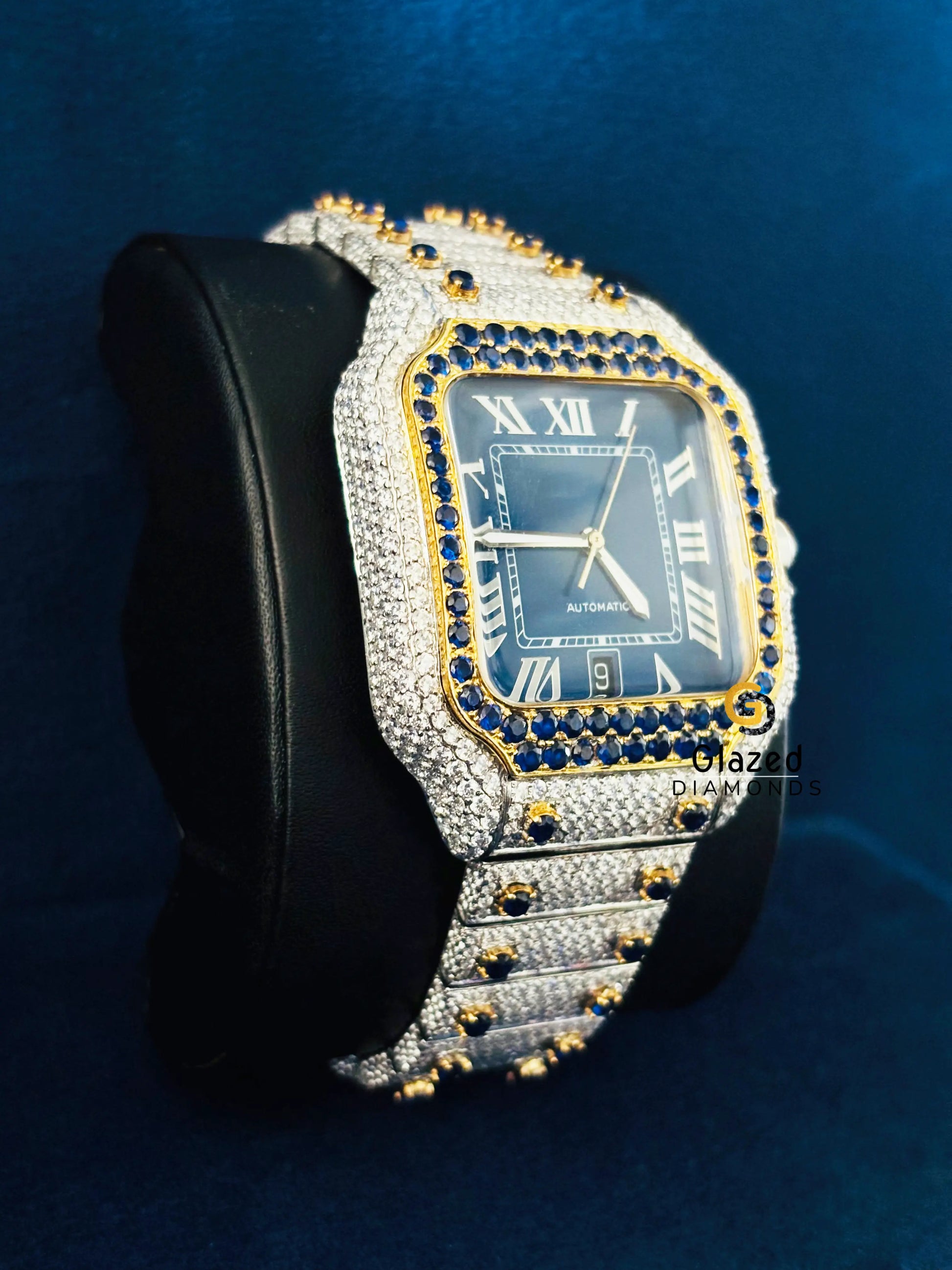 Cartier Yellow Gold Plated Blue Diamonds Moissanite Hip Hop Watch For Men