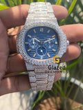 40MM Blue Chronograph Dial Iced Out Moissanite Mens Watch