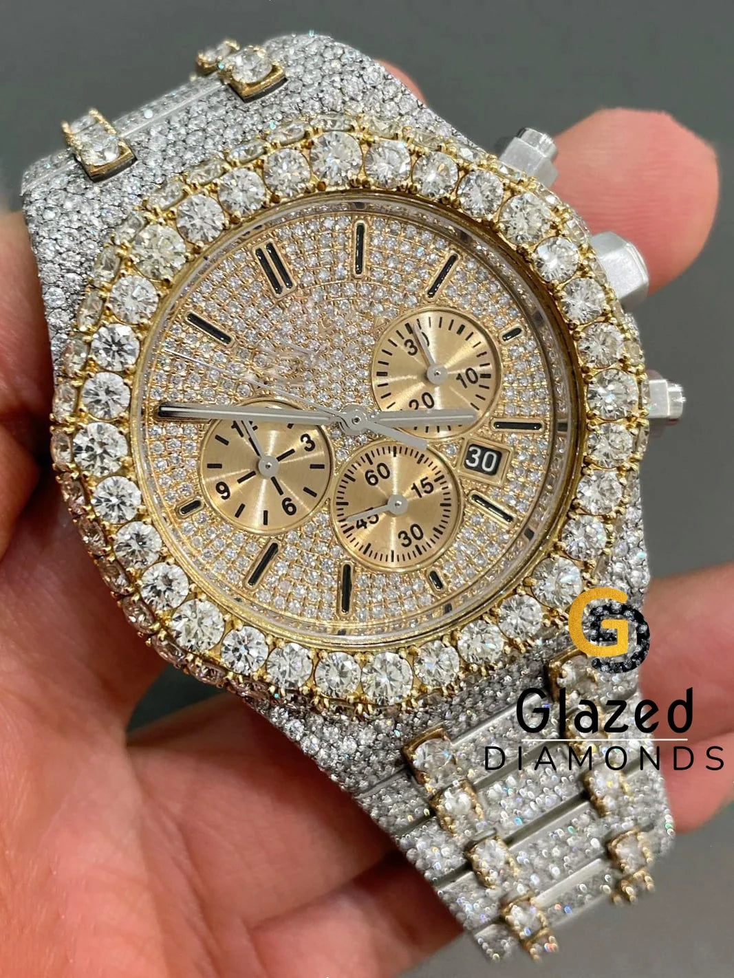 Luxury Two Tone Multi Chronograph Dial VVS Diamond Moissanite Watch