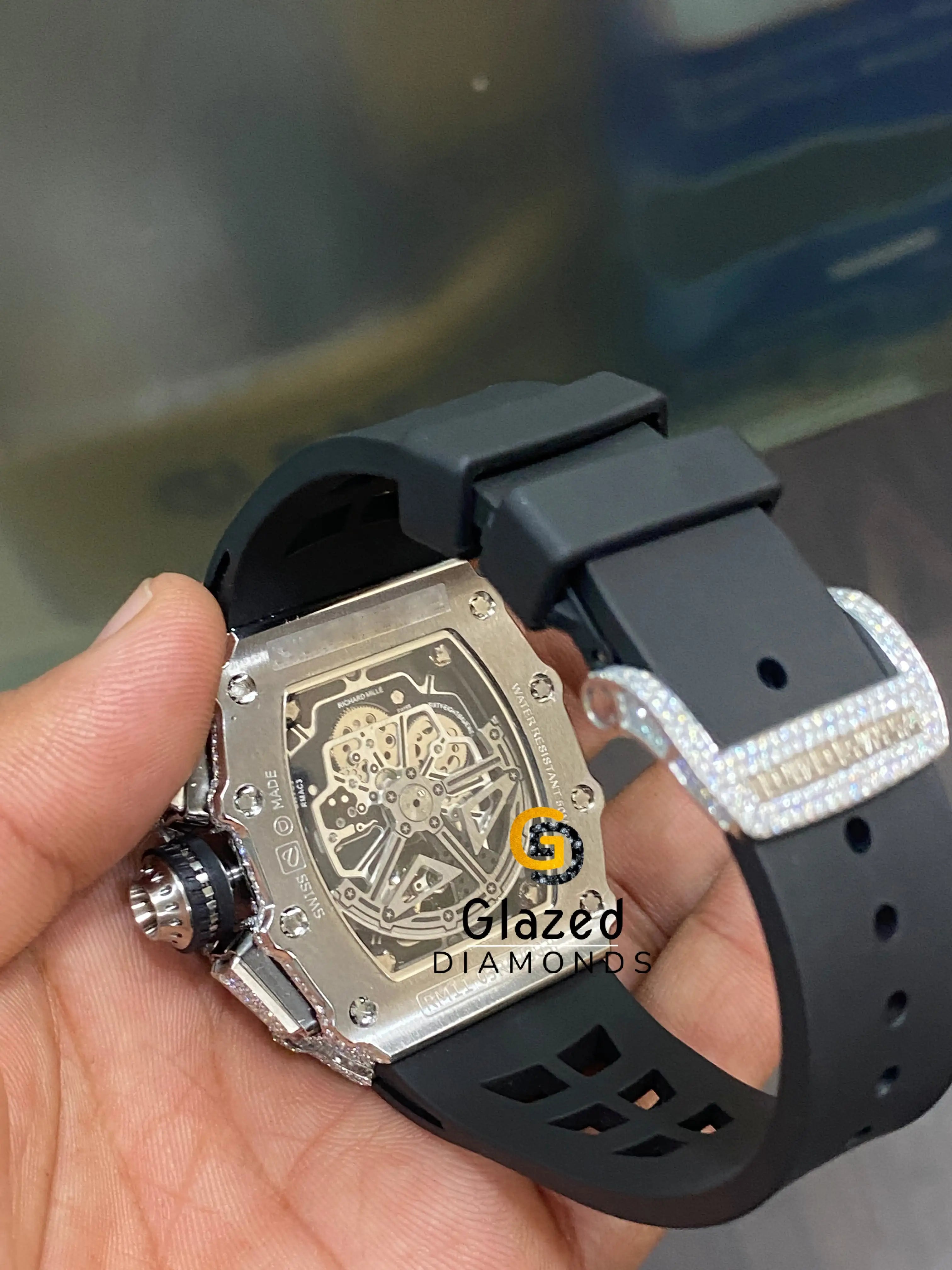 Black Silicone Strap Iced Out Chronograph Dial Moissanite Diamond Mens Watch