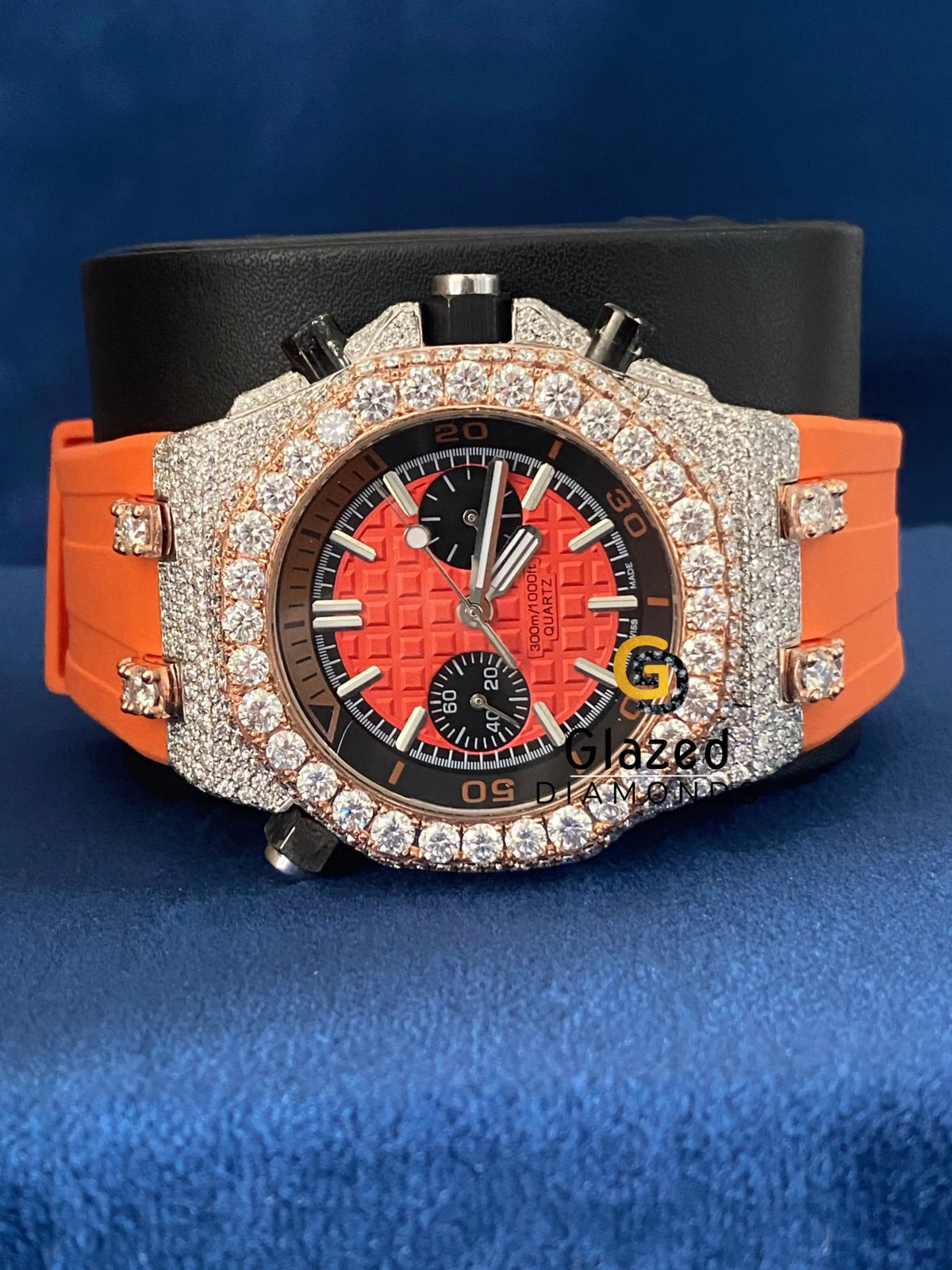Orange Silicone Strap Chronograph Face Dial Moissanite Watch