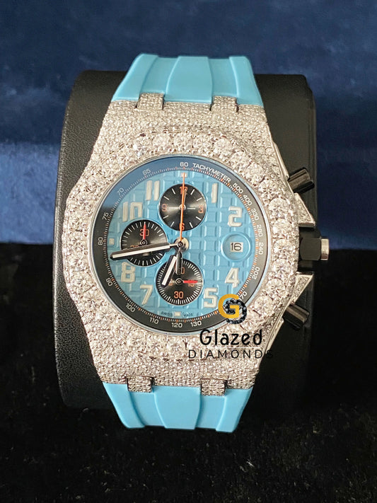Sky Blue Silicone Strap Chronograph Fully Iced Out Moissanite Watch